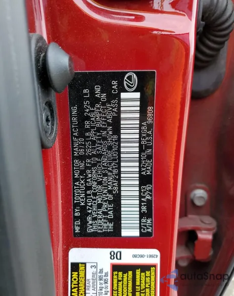 2020 Lexus Es 300H Ultra Luxury from USA, damaged, VIN 58AF21B17LU010218